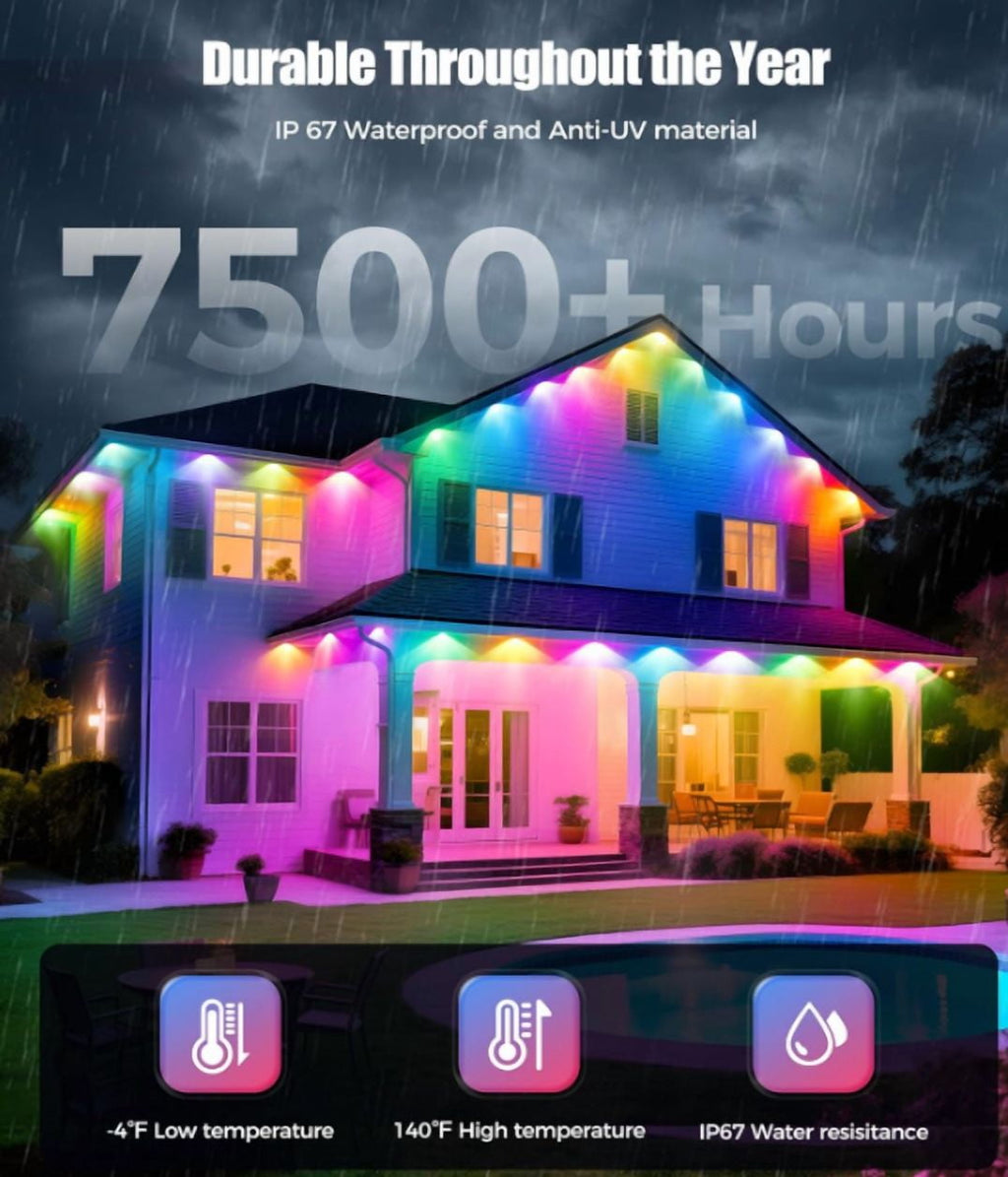 Permanent Outdoor Lights, 50-Foot RGB+IC Smart Outdoor Decor, 50 Scene Modes, App/Remote Control, IP68 Waterproof, Ideal for Christmas, Holidays, Everyday Use, Pool Parties, and House Roof Lighting