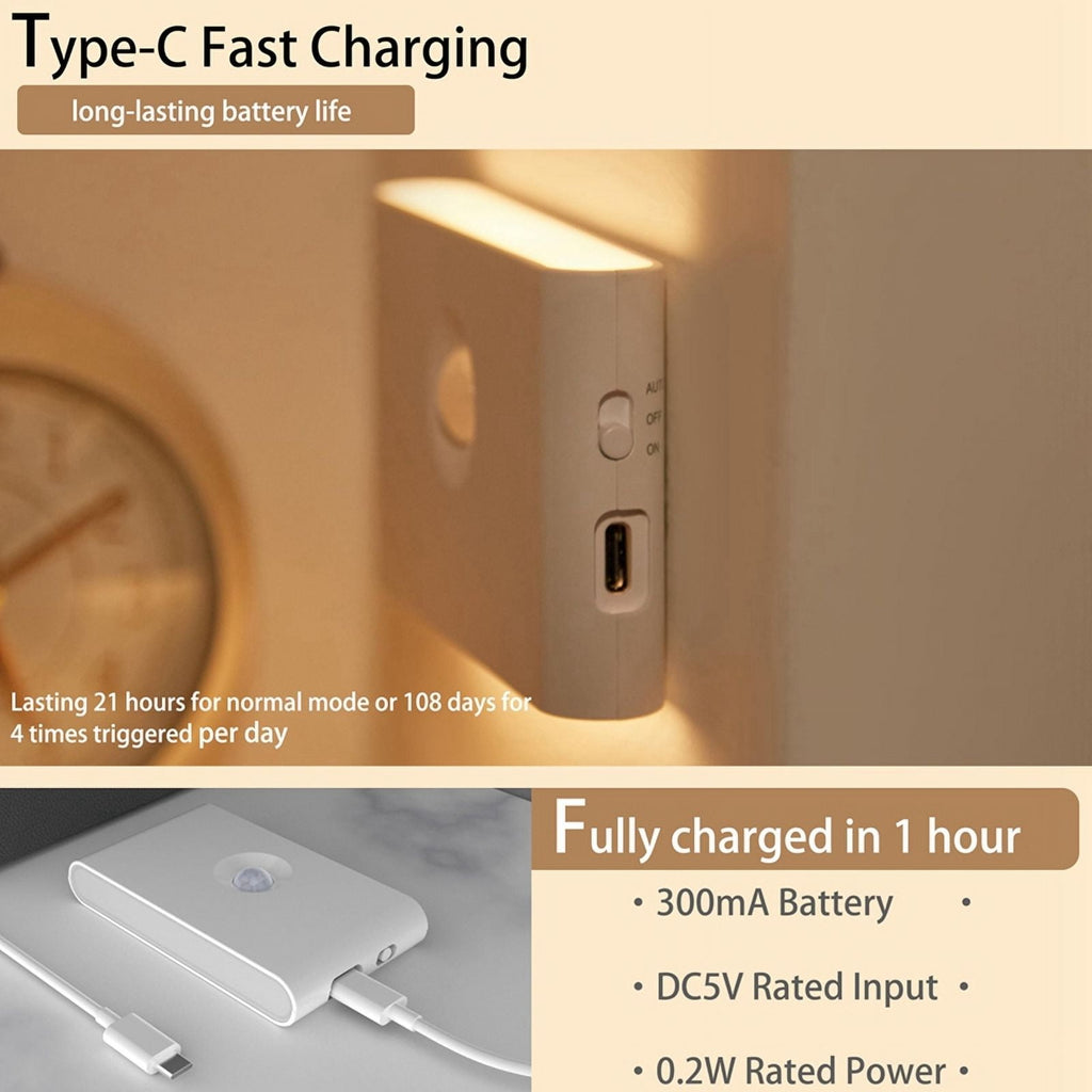 Rechargeable Motion Sensor Smart LED Night Light Eye Protection Bedside Lamp for Bedroom Corridor Cabinet Lighting 6PCS