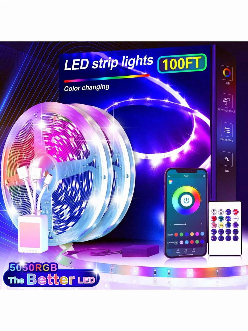 100ft Led Strip Lights (2 Rolls Of 50ft) Bluetooth Smart App Control Music Sync Color Changing RGB Led Light Strip With Remote,Led Lights For Bedroom Room Home Decor Party Festival