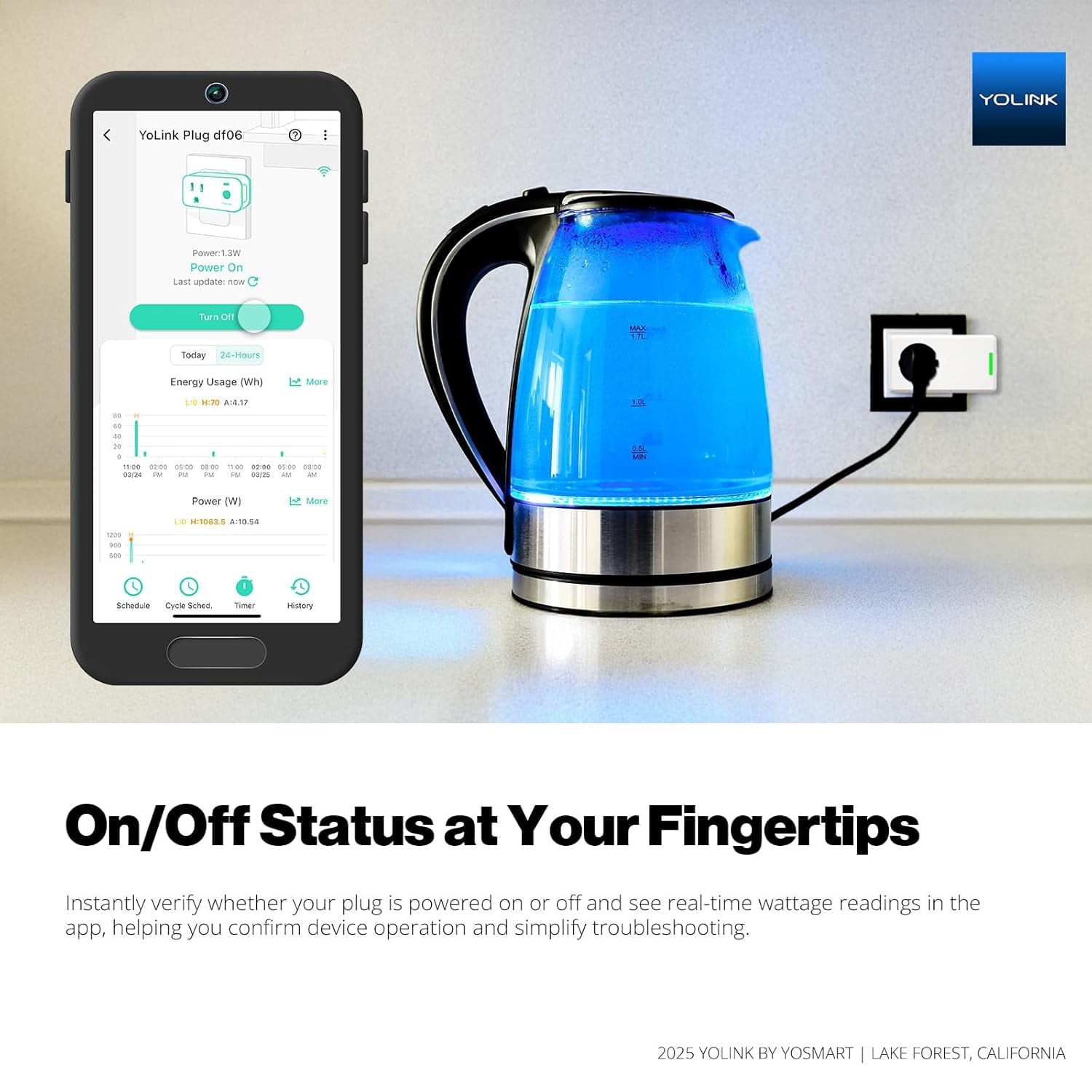 Energy Plug 15A, LoRa Control up to 1/4 Mile, High-Power Appliances, Cylce Timer, Real-Time Power Monitor, Overload Protection, Notifications, Alexa, , IFTTT, Hub Required, YS6614