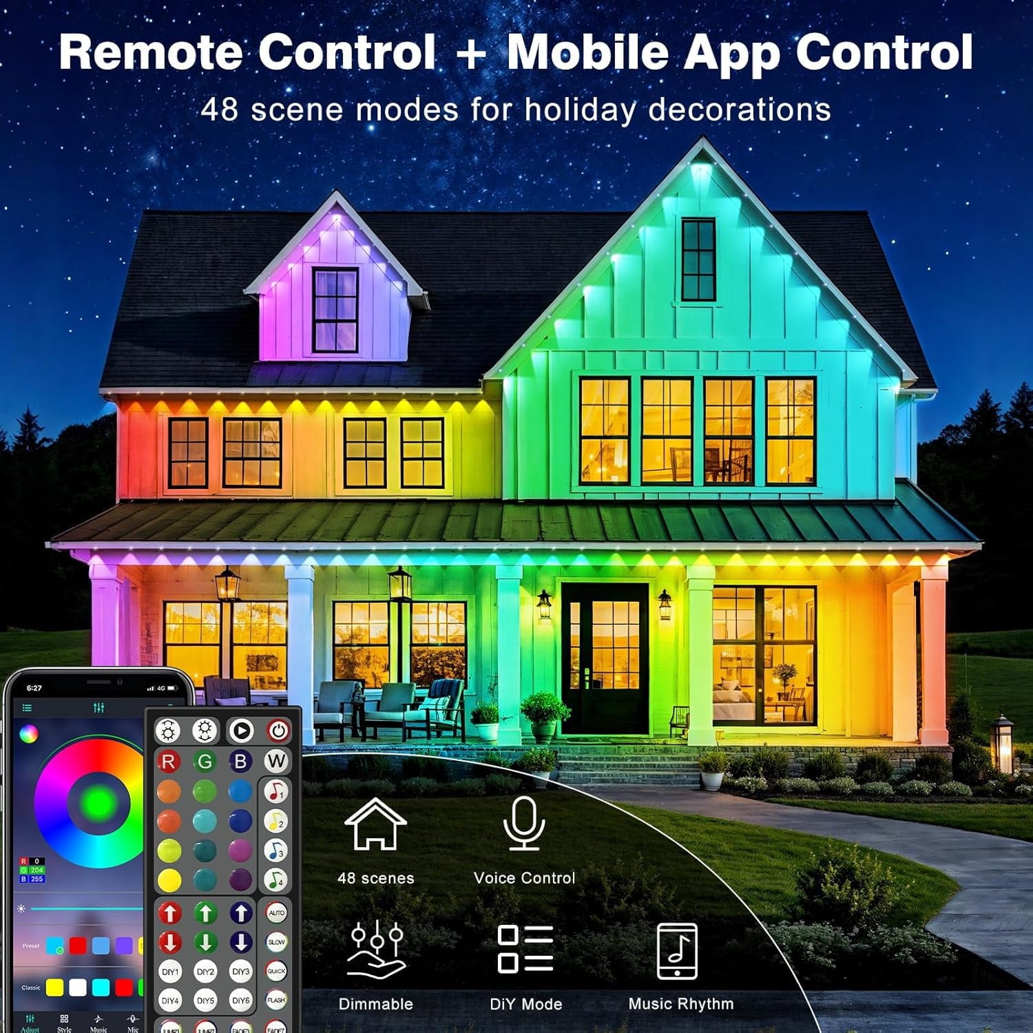 150FT Permanent Outdoor Lights for House Waterproof, Smart RGB Eave LED Lighting with 16 Million Colors, IP67 Outdoor Strip Lights for Christmas Halloween Holiday Daily Decorations (45m/150FT)