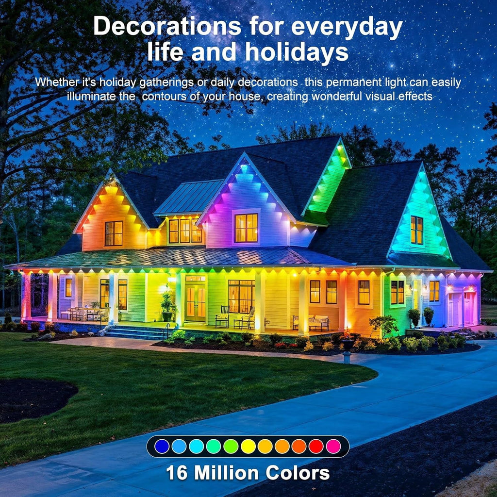 150FT Permanent Outdoor Lights for House Waterproof, Smart RGB Eave LED Lighting with 16 Million Colors, IP67 Outdoor Strip Lights for Christmas Halloween Holiday Daily Decorations (45m/150FT)