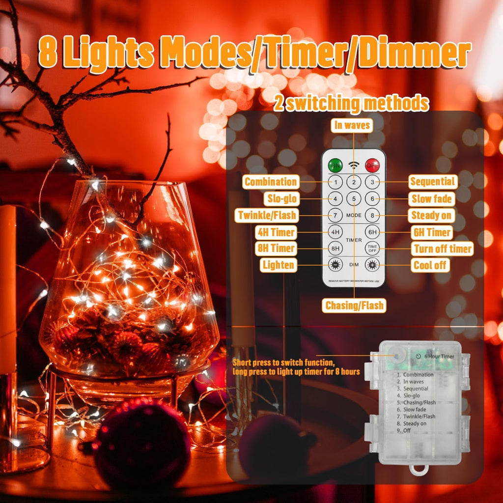 100LED String Light, Fairy Lights Battery Operated, Remote Control Timer Twinkle String Lights 8 Modes Firefly Lights for Garden Party Indoor Decor (White+Red)