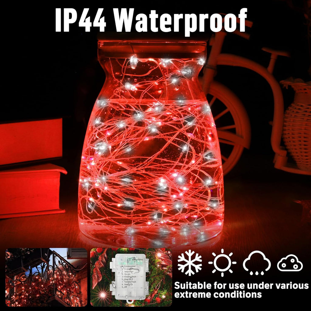 100LED String Light, Fairy Lights Battery Operated, Remote Control Timer Twinkle String Lights 8 Modes Firefly Lights for Garden Party Indoor Decor (White+Red)