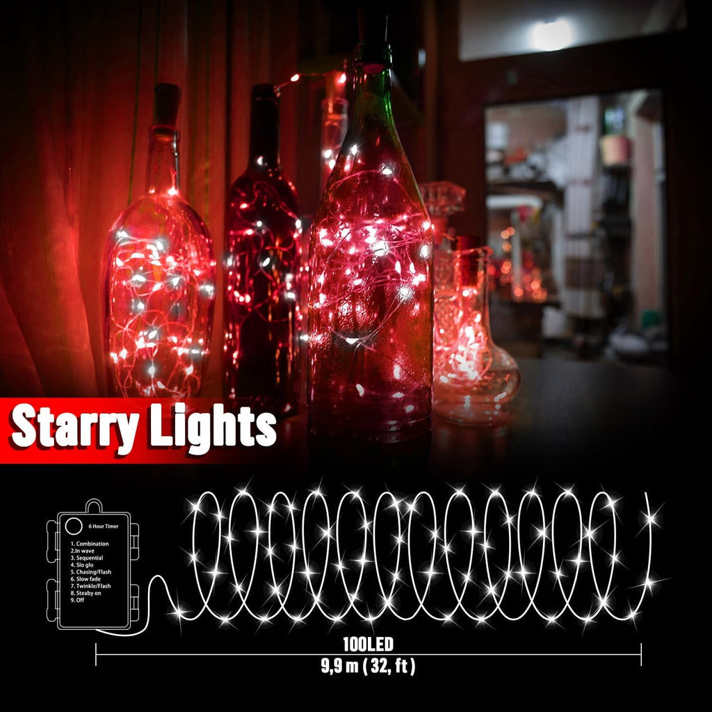 100LED String Light, Fairy Lights Battery Operated, Remote Control Timer Twinkle String Lights 8 Modes Firefly Lights for Garden Party Indoor Decor (White+Red)