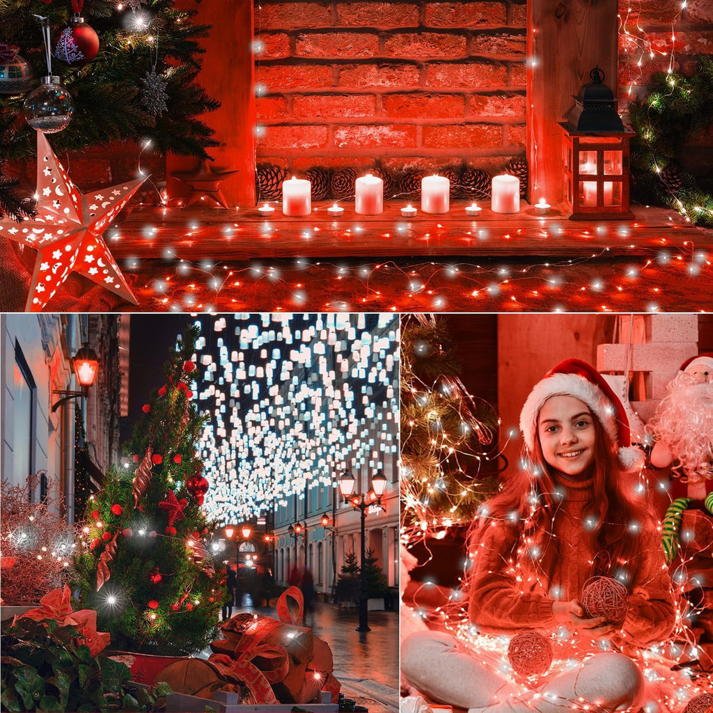 100LED String Light, Fairy Lights Battery Operated, Remote Control Timer Twinkle String Lights 8 Modes Firefly Lights for Garden Party Indoor Decor (White+Red)