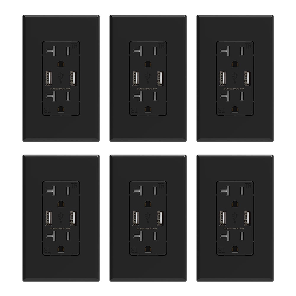 USB Wall Outlet Receptacle with Dual 4.0 A USB Ports, 20 Amp Duplex Tamper Resistant Receptacle, Charging Power Outlet with USB Ports, Wall Plate Included, UL Listed, 6PC, Black