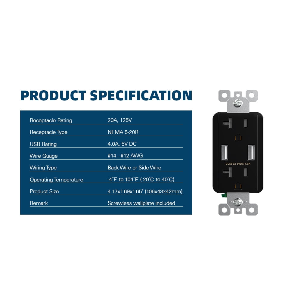 USB Wall Outlet Receptacle with Dual 4.0 A USB Ports, 20 Amp Duplex Tamper Resistant Receptacle, Charging Power Outlet with USB Ports, Wall Plate Included, UL Listed, 6PC, Black
