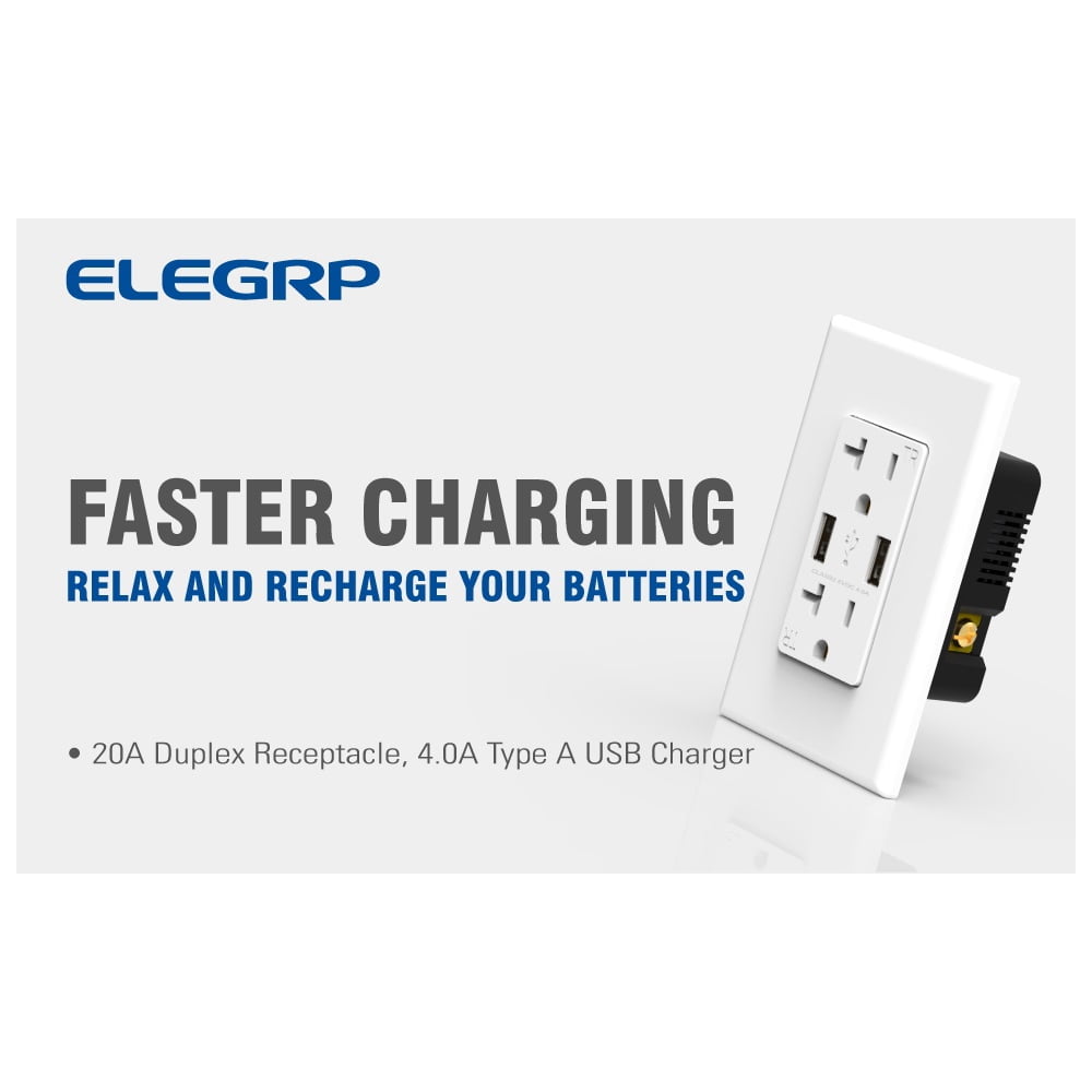 USB Wall Outlet Receptacle with Dual 4.0 A USB Ports, 20 Amp Duplex Tamper Resistant Receptacle, Charging Power Outlet with USB Ports, Wall Plate Included, UL Listed, 6PC, Black