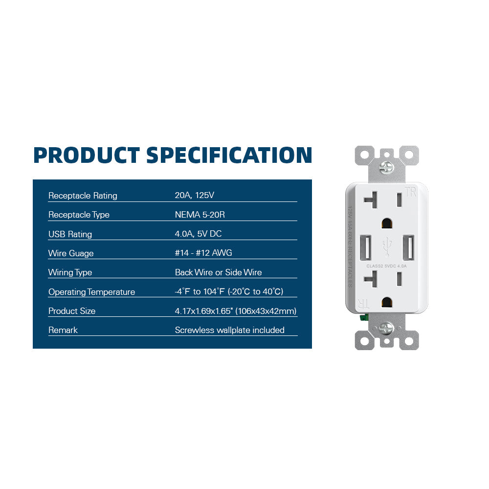 USB Wall Outlet Receptacle with Dual 4.0 A USB Ports, 20 Amp Duplex Tamper Resistant Receptacle, Charging Power Outlet with USB Ports, Wall Plate Included, UL Listed, 6PC, Black
