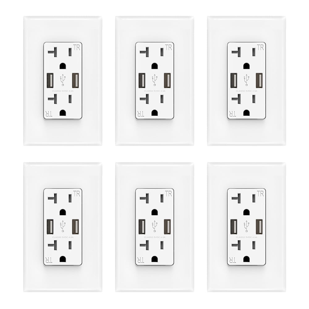 USB Wall Outlet Receptacle with Dual 4.0 A USB Ports, 20 Amp Duplex Tamper Resistant Receptacle, Charging Power Outlet with USB Ports, Wall Plate Included, UL Listed, 6PC, Black