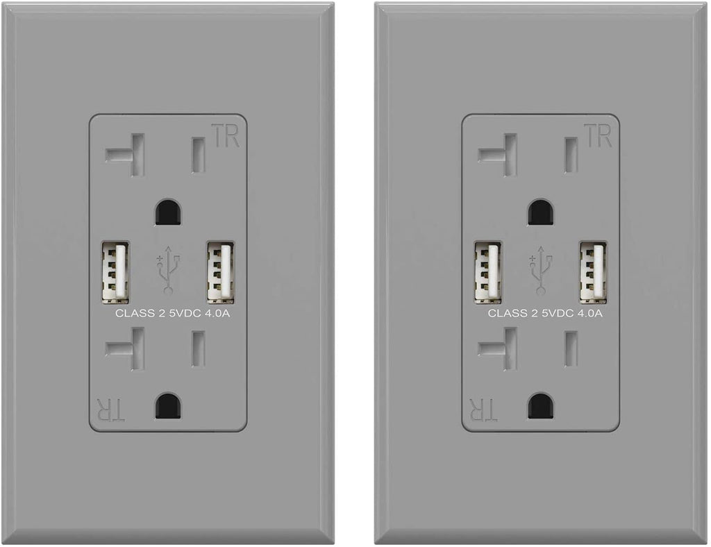 USB Wall Outlet Receptacle with Dual 4.0 A USB Ports, 20 Amp Duplex Tamper Resistant Receptacle, Charging Power Outlet with USB Ports, Wall Plate Included, UL Listed, 6PC, Black