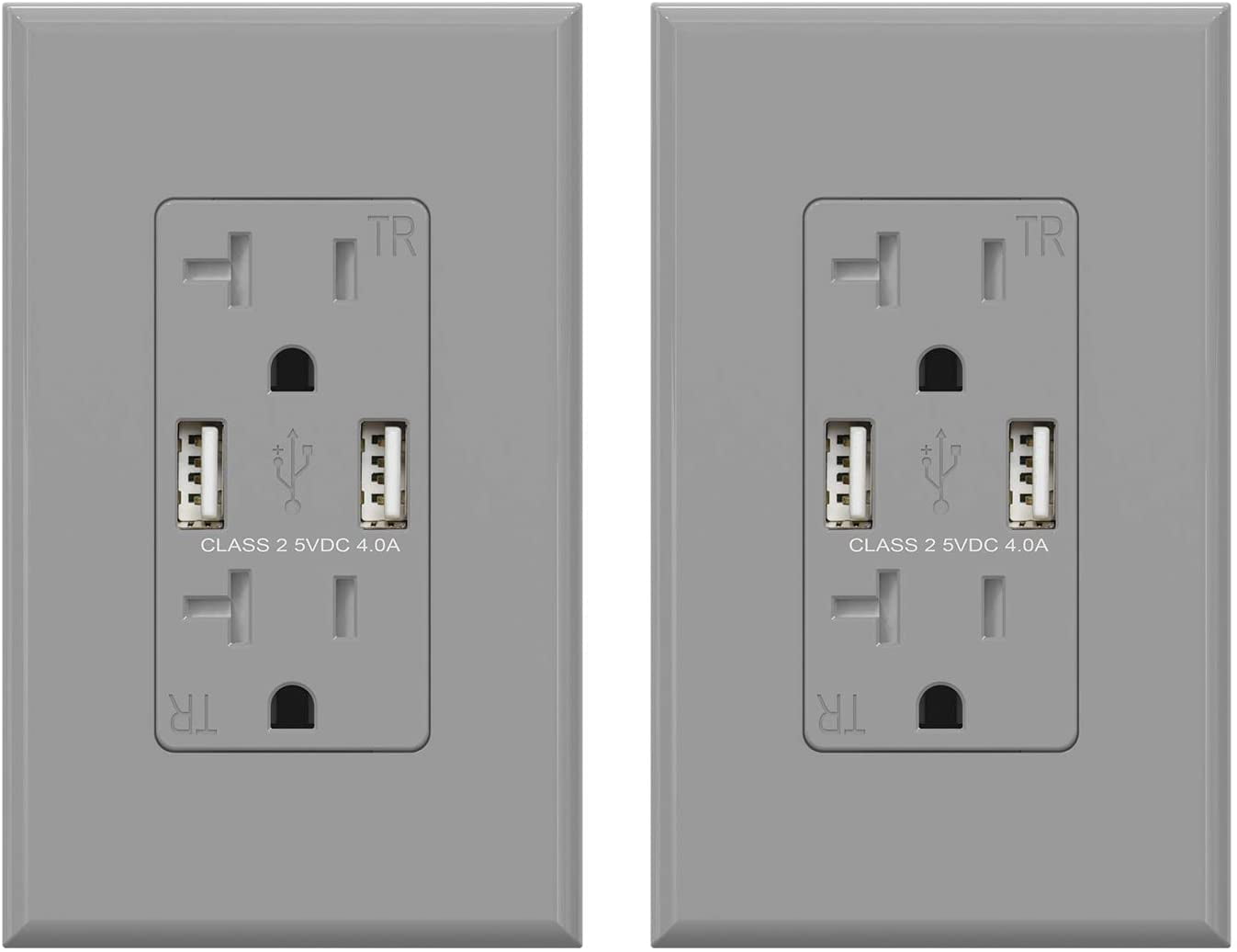 USB Wall Outlet Receptacle with Dual 4.0 A USB Ports, 20 Amp Duplex Tamper Resistant Receptacle, Charging Power Outlet with USB Ports, Wall Plate Included, UL Listed, 6PC, Black