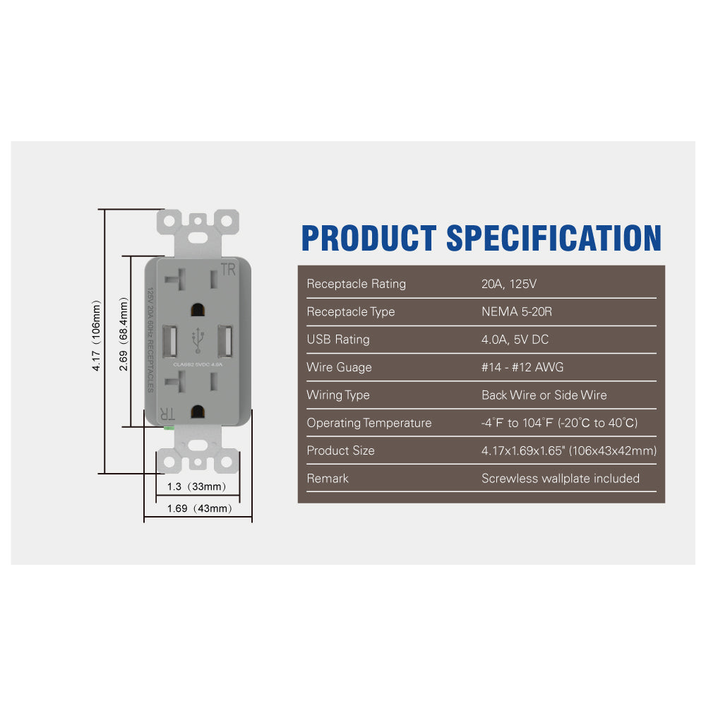 USB Wall Outlet Receptacle with Dual 4.0 A USB Ports, 20 Amp Duplex Tamper Resistant Receptacle, Charging Power Outlet with USB Ports, Wall Plate Included, UL Listed, 6PC, Black