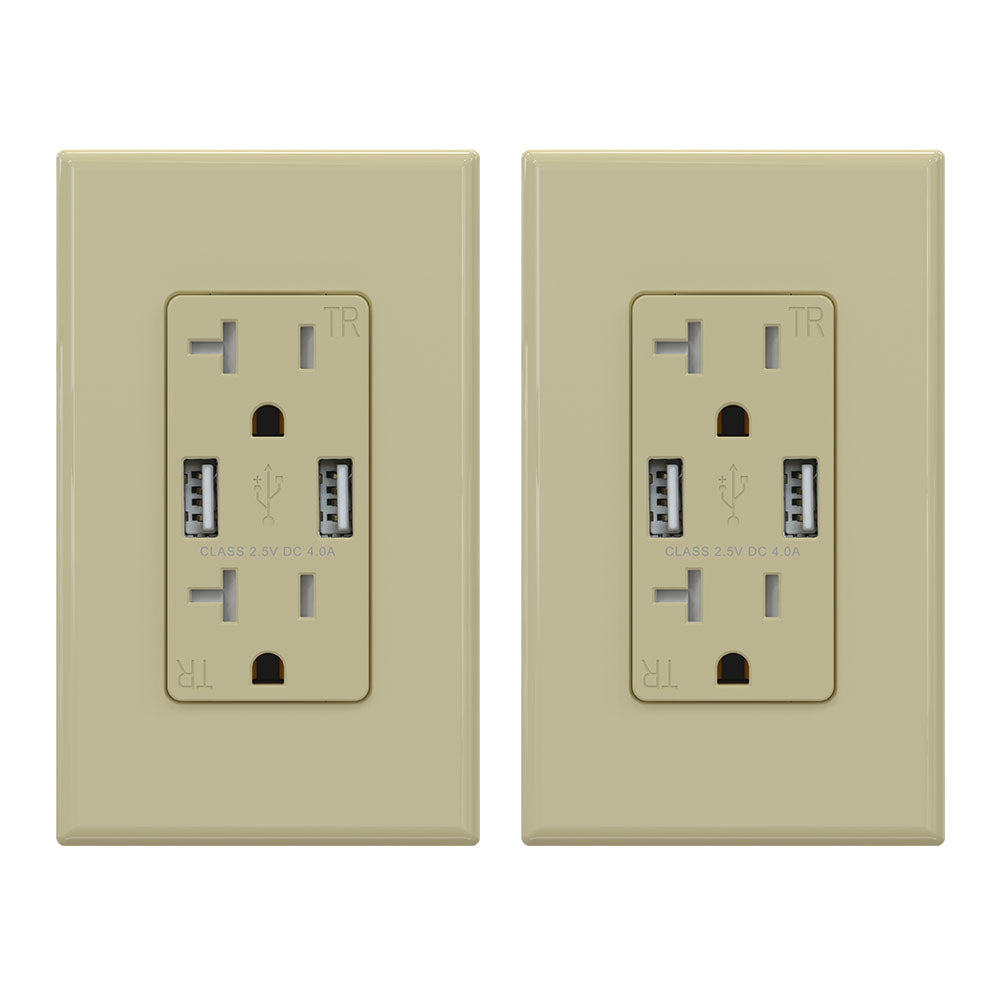USB Wall Outlet Receptacle with Dual 4.0 A USB Ports, 20 Amp Duplex Tamper Resistant Receptacle, Charging Power Outlet with USB Ports, Wall Plate Included, UL Listed, 6PC, Black