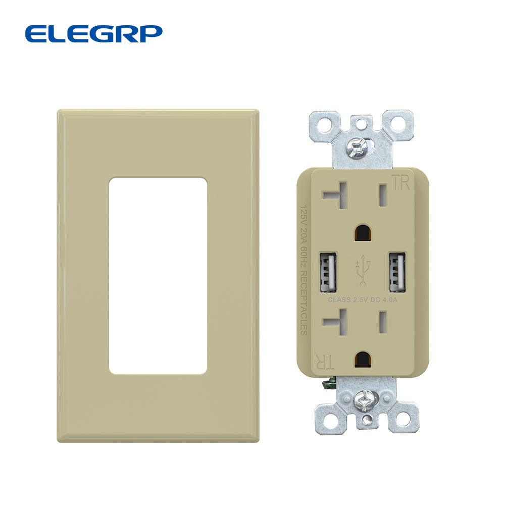 USB Wall Outlet Receptacle with Dual 4.0 A USB Ports, 20 Amp Duplex Tamper Resistant Receptacle, Charging Power Outlet with USB Ports, Wall Plate Included, UL Listed, 6PC, Black