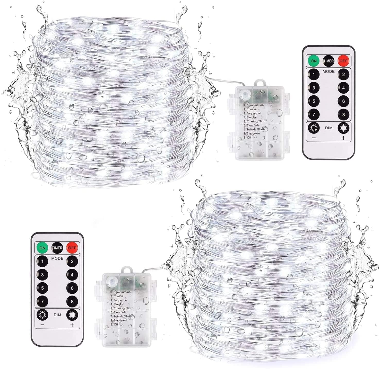 JMEXSUSS 2 Pack 100 LED Fairy Lights Battery Operated, 33ft White String Lights with Remote, 8 Mode Twinkle Lights for Bedroom Indoor Outdoor Decorations