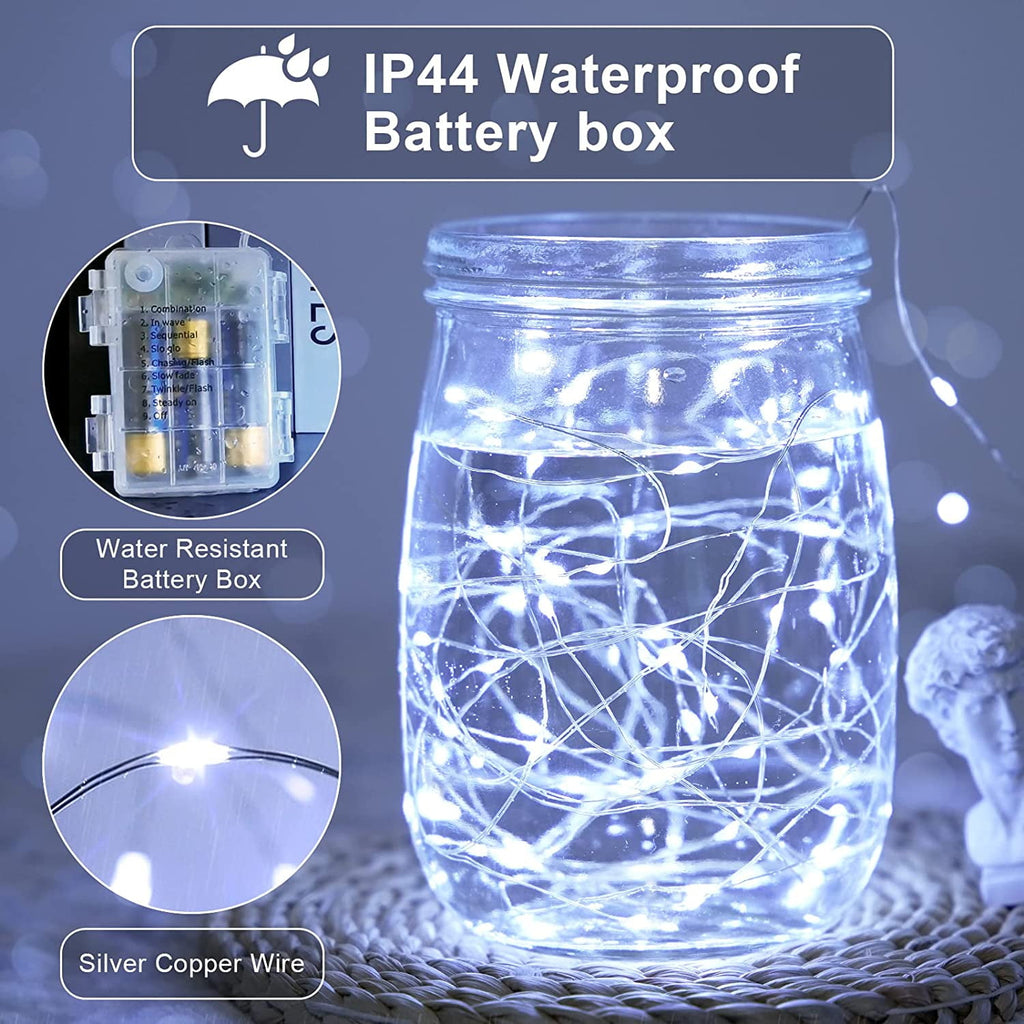 JMEXSUSS 2 Pack 100 LED Fairy Lights Battery Operated, 33ft White String Lights with Remote, 8 Mode Twinkle Lights for Bedroom Indoor Outdoor Decorations