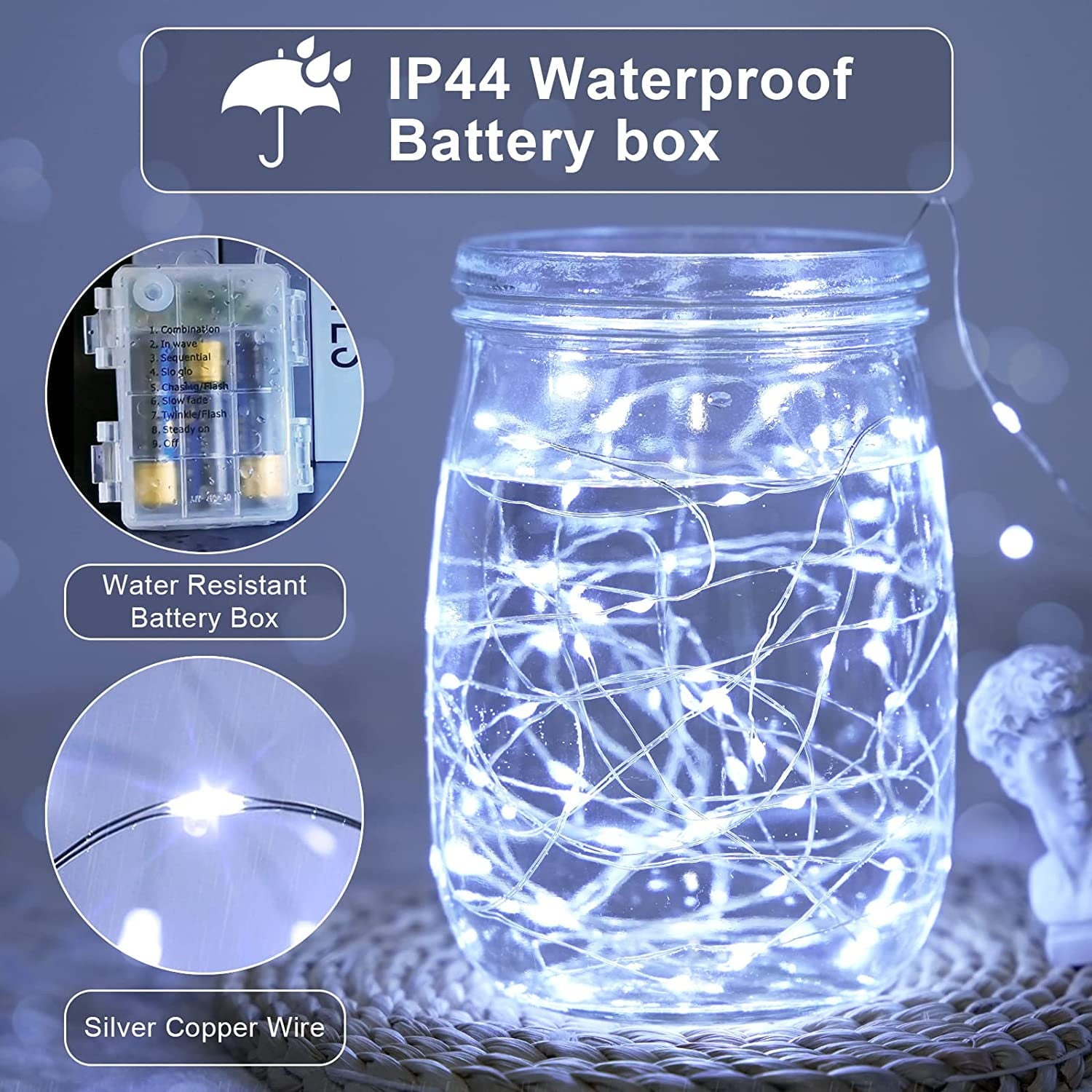 JMEXSUSS 2 Pack 100 LED Fairy Lights Battery Operated, 33ft White String Lights with Remote, 8 Mode Twinkle Lights for Bedroom Indoor Outdoor Decorations