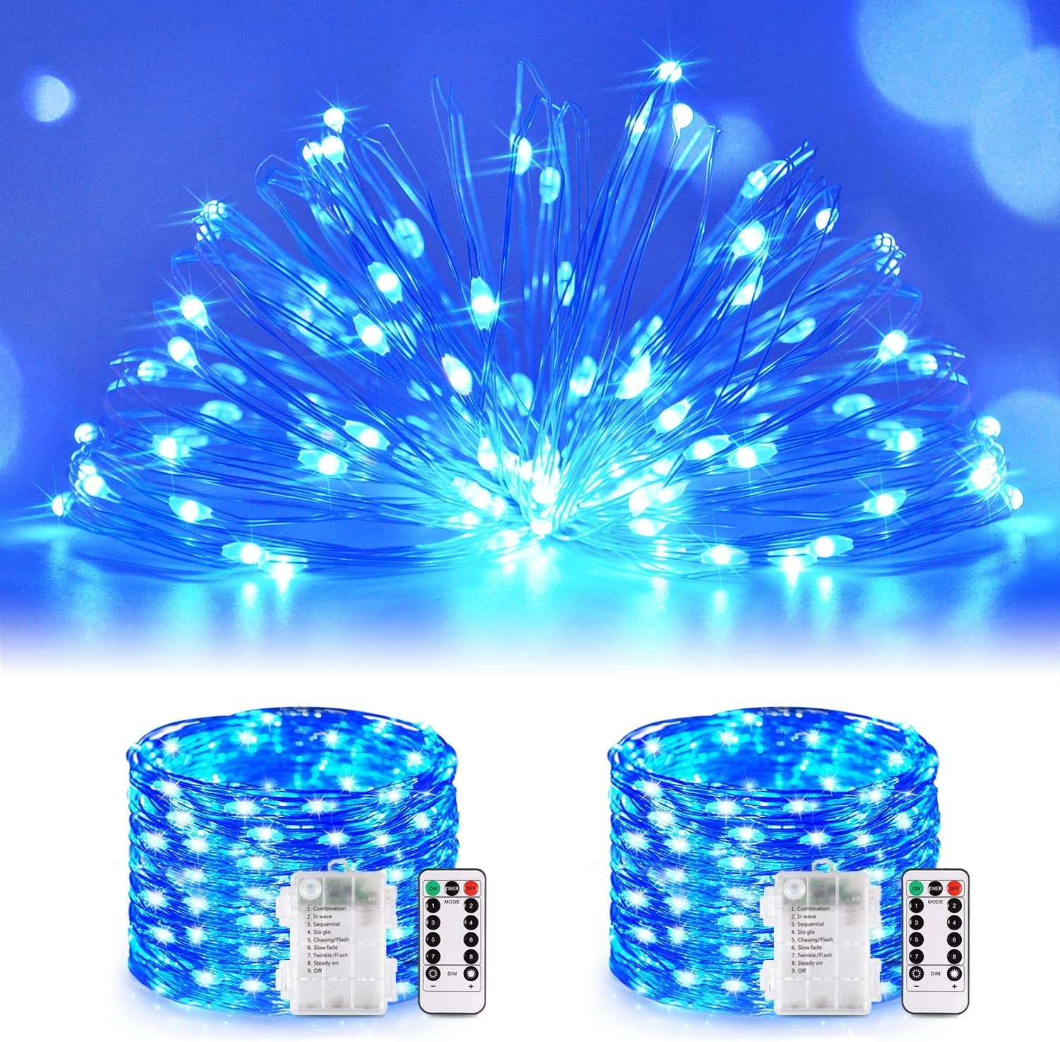 JMEXSUSS 2 Pack 100 LED Fairy Lights Battery Operated, 33ft White String Lights with Remote, 8 Mode Twinkle Lights for Bedroom Indoor Outdoor Decorations