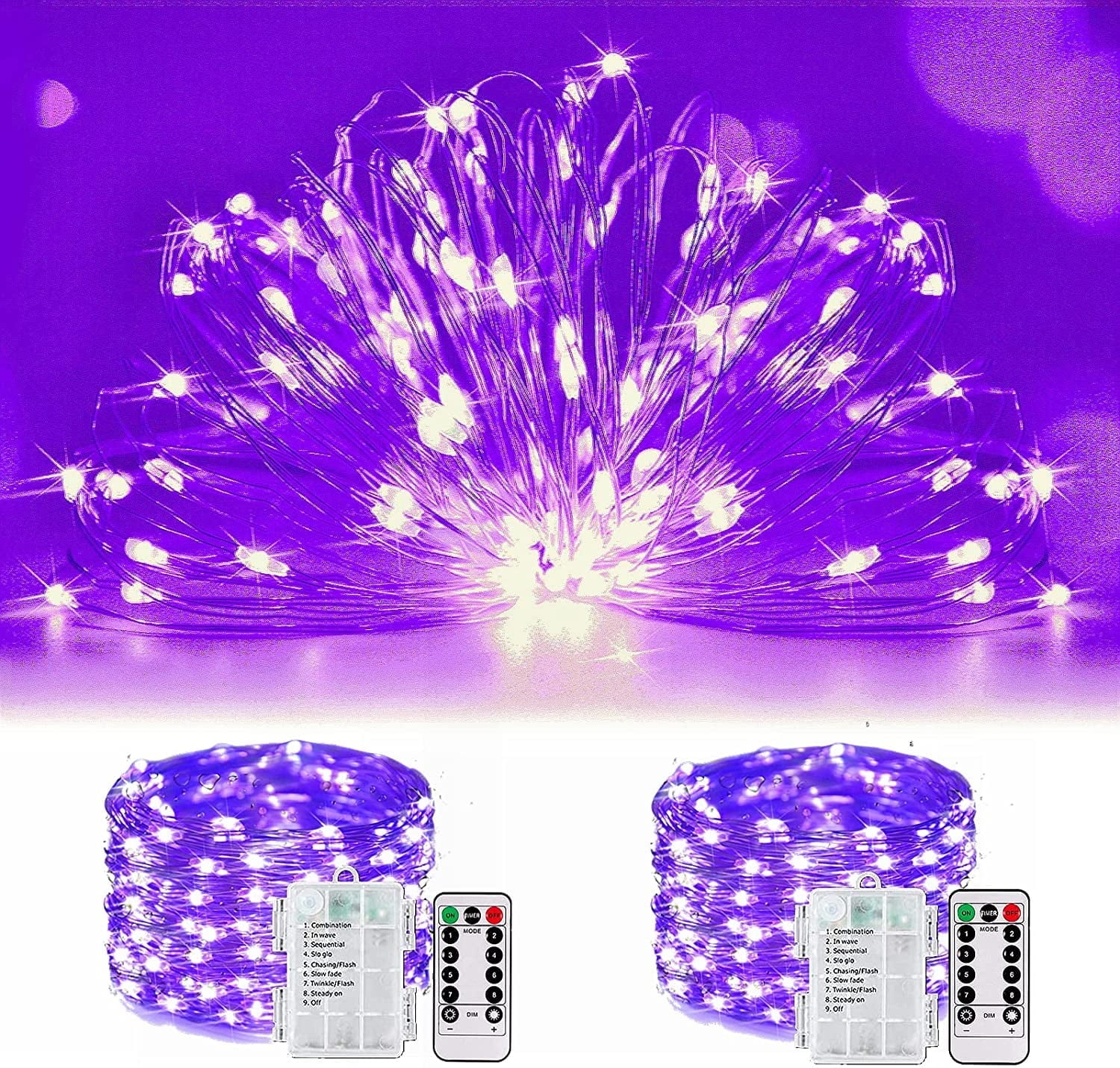 JMEXSUSS 2 Pack 100 LED Fairy Lights Battery Operated, 33ft White String Lights with Remote, 8 Mode Twinkle Lights for Bedroom Indoor Outdoor Decorations