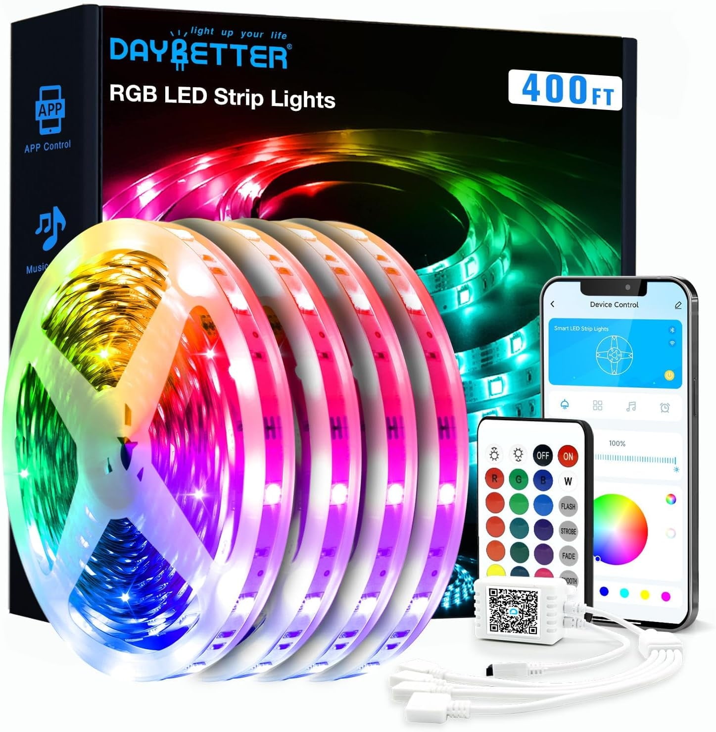 LED Strip Lights 400ft (4 Rolls of 100ft), Color Changing Lights Strip for Bedroom, Desk, Indoor, Room Bedroom, Girl Boy Brithday Gifts RGB Decor with Remote and 24V Power Supply