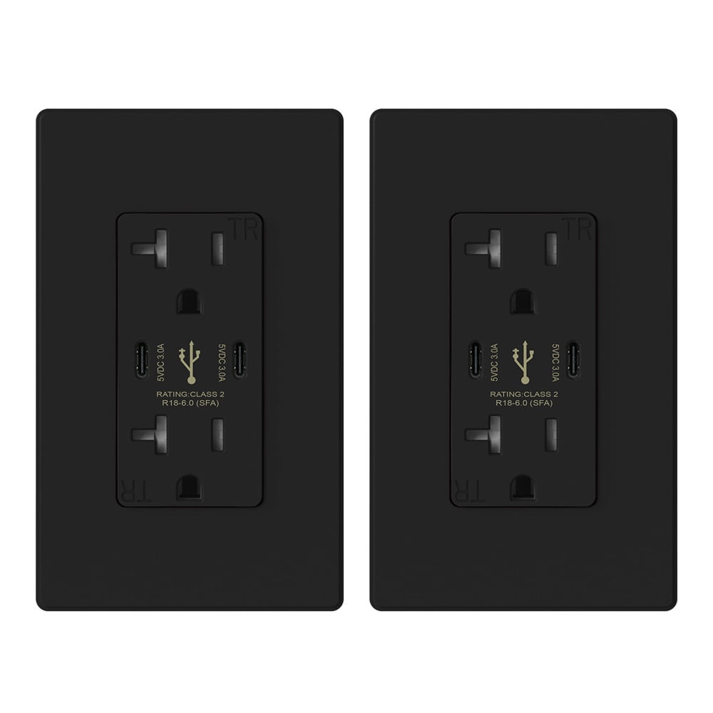 ELEGRP USB Outlets Receptacles, 30W 6.0 Amp USB C Wall Outlet, 20 Amp Tamper Resistant Outlet with 2 USB C Ports, UL Listed, Wall Plate Included, Black 2PC