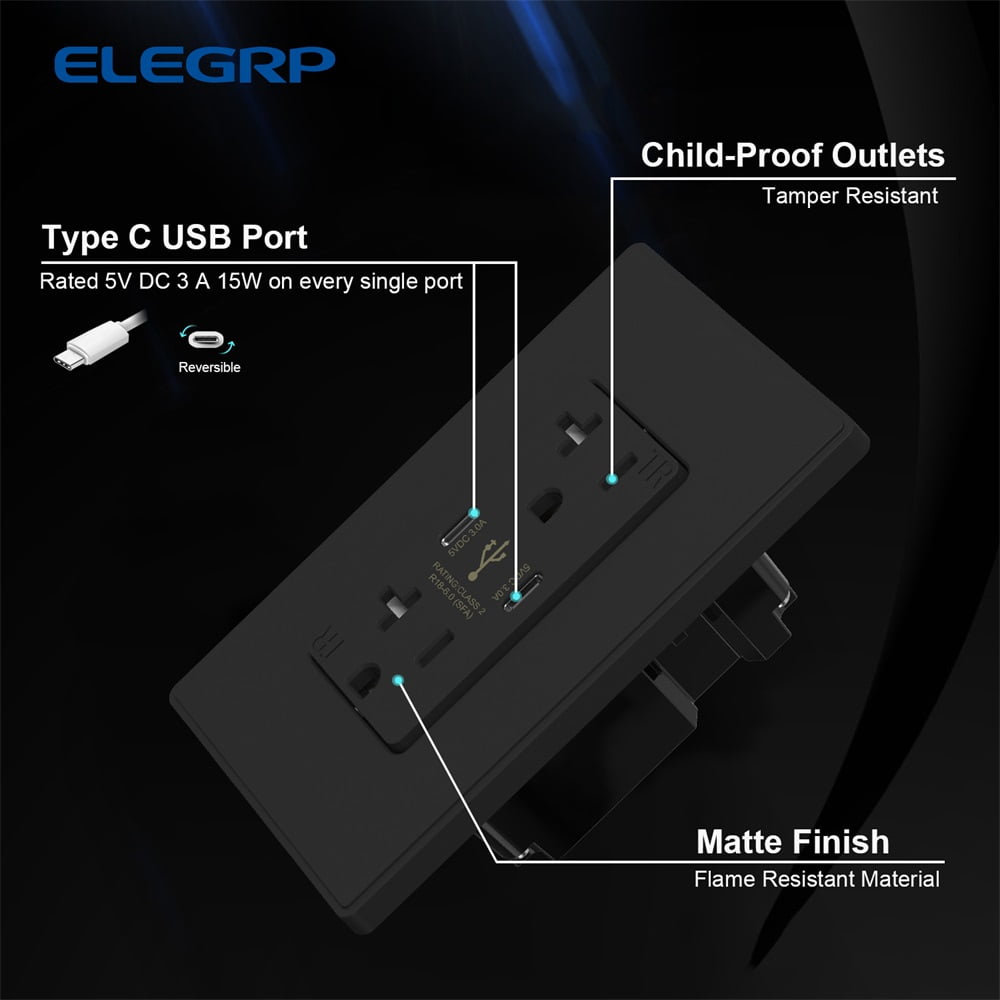 ELEGRP USB Outlets Receptacles, 30W 6.0 Amp USB C Wall Outlet, 20 Amp Tamper Resistant Outlet with 2 USB C Ports, UL Listed, Wall Plate Included, Black 2PC