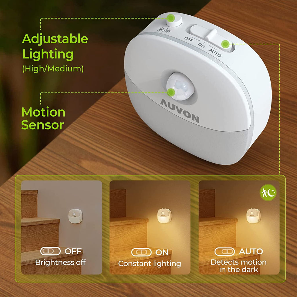 Rechargeable Battery Night Light, Mini with Motion Sensor, Warm White LED Stick-On Closet Light with Dusk to Dawn Sensor, Adjustable Brightness for Wall, Stairs, Hallway, Cabinet (2 Pack)