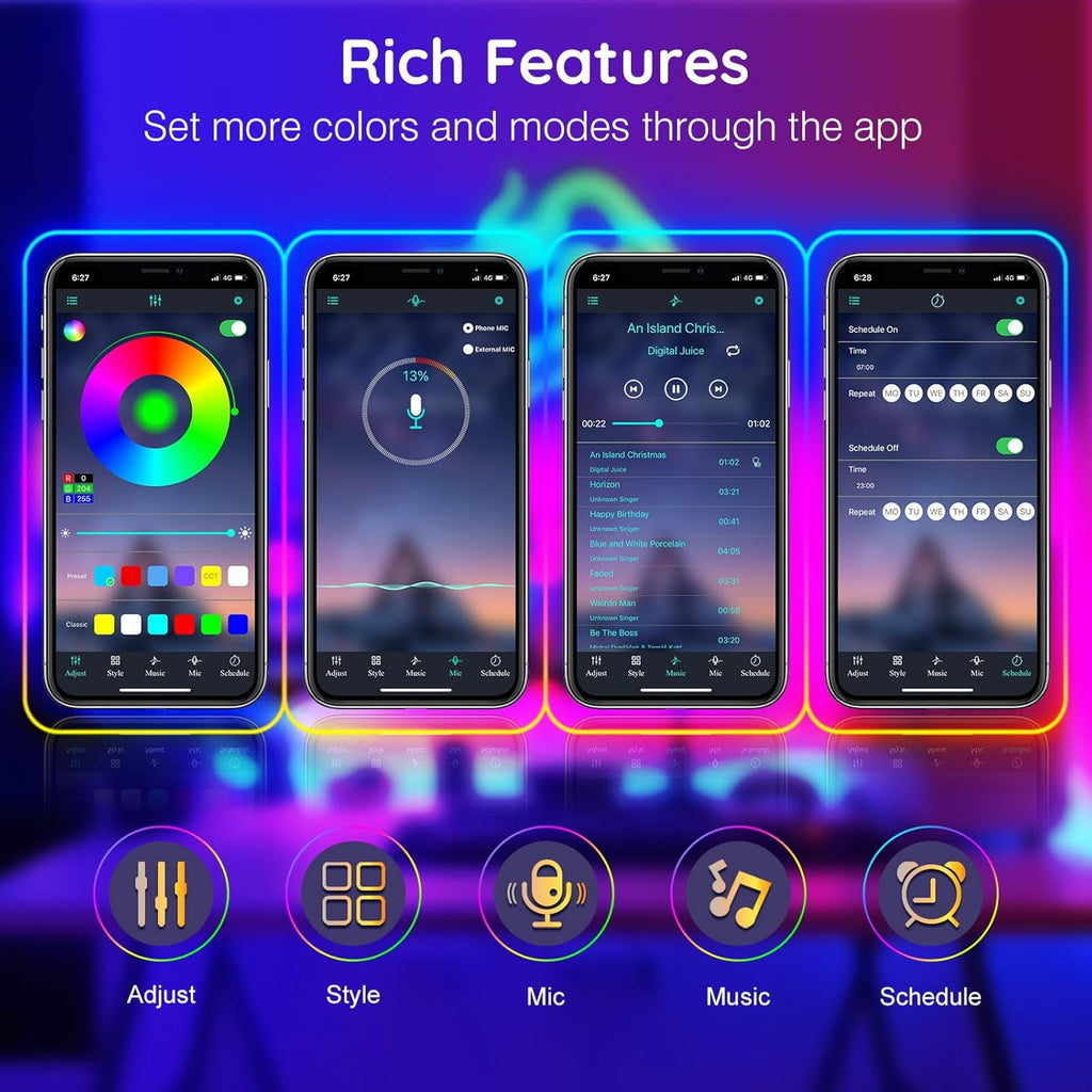 50Ft Led Rope Lights, Flexible Neon Lights Control with App/Remote, Multiple Modes, IP65 Outdoor RGB Waterproof, Music Sync Gaming Light Strip for Bedroom Decor