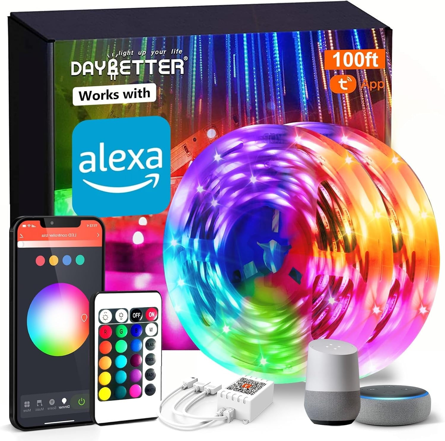 65.6ft WiFi Smart Led Lights Strip with Tuya App Control for Bedroom Decoration Work with Alexa and Google Assistant(2 Rolls of 32.8ft)