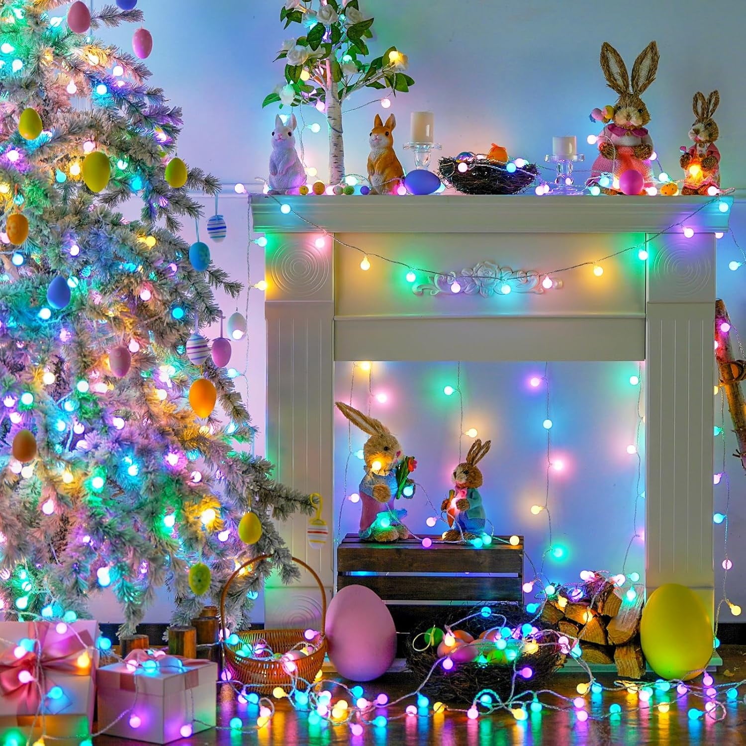 SUMMIT  100 LED Connectable Globe String Lights Indoor, 33ft Multicolor Fairy Lights Plug in with Remote, 8 Modes Pastel Lights for Easter Bedroom Tree Room Party Decoration
