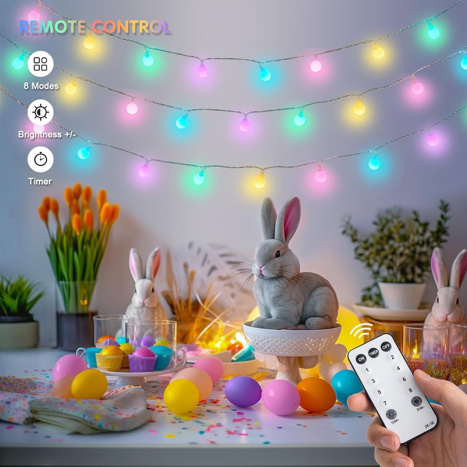 SUMMIT  100 LED Connectable Globe String Lights Indoor, 33ft Multicolor Fairy Lights Plug in with Remote, 8 Modes Pastel Lights for Easter Bedroom Tree Room Party Decoration