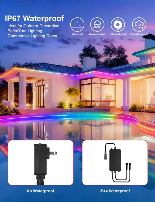 20ft COB LED Strip Lights - RGB Smart , IP67 Waterproof, Dimmable, Color Flowing Tape Light with App Control &amp; Music Sync, Dotless LED Light for Outdoor, , Christmas &amp; Party Decorations
