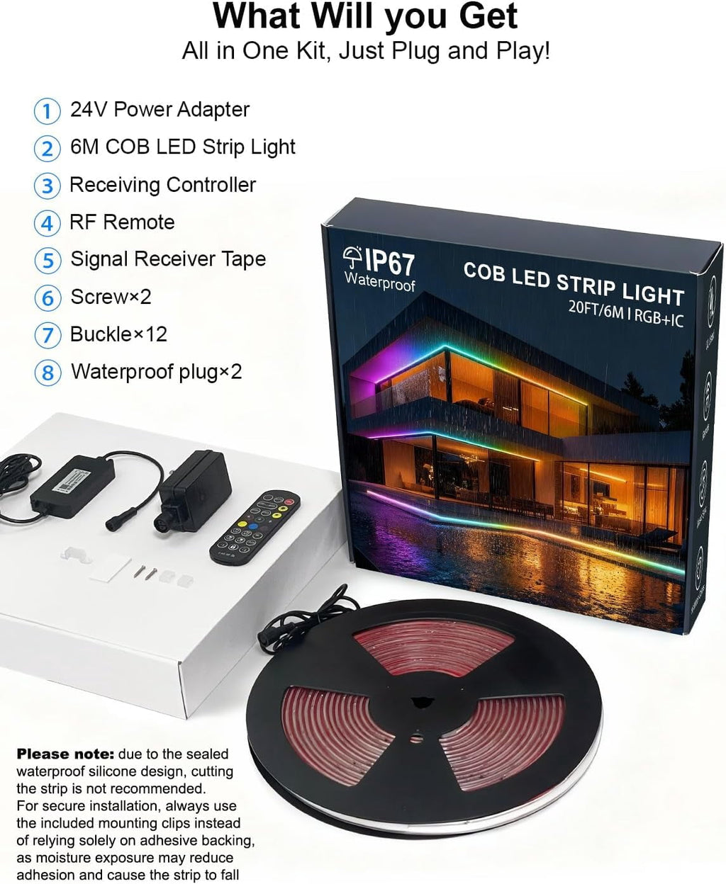 20ft COB LED Strip Lights - RGB Smart , IP67 Waterproof, Dimmable, Color Flowing Tape Light with App Control &amp; Music Sync, Dotless LED Light for Outdoor, , Christmas &amp; Party Decorations