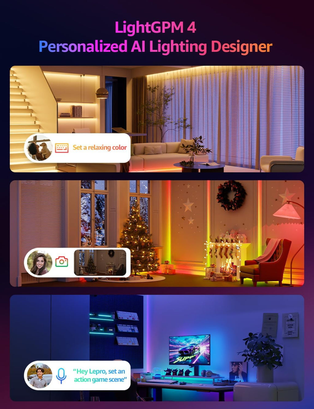 S1 AI LED Strip Lights for Bedroom - 50ft Smart RGB Light Strips with  and Rainbow Chasing Effects, Color Segment , Personalized Al Lighting Designer, No Remote, 2.4G Wi-Fi &amp; Bluetooth