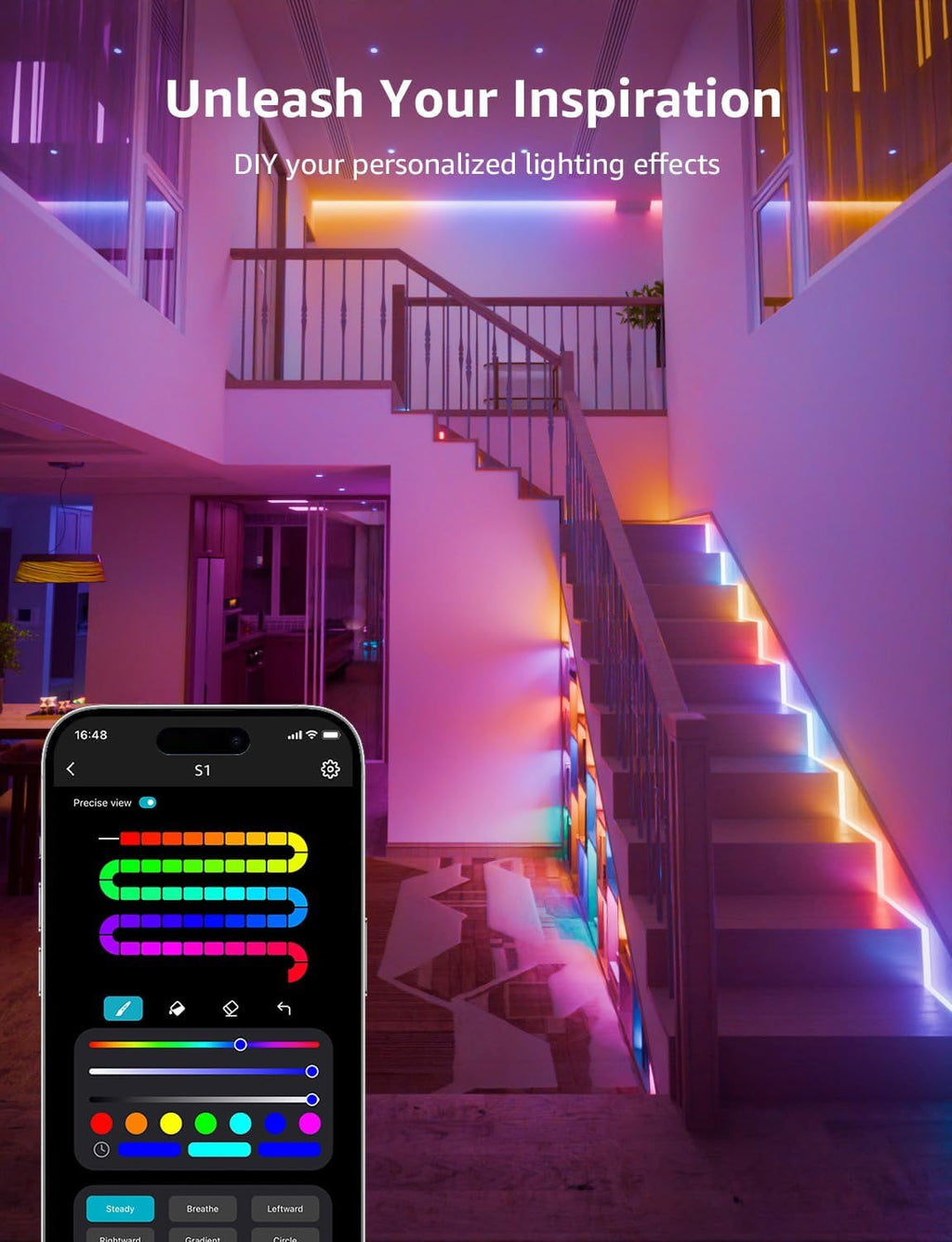 S1 AI LED Strip Lights for Bedroom - 50ft Smart RGB Light Strips with  and Rainbow Chasing Effects, Color Segment , Personalized Al Lighting Designer, No Remote, 2.4G Wi-Fi &amp; Bluetooth