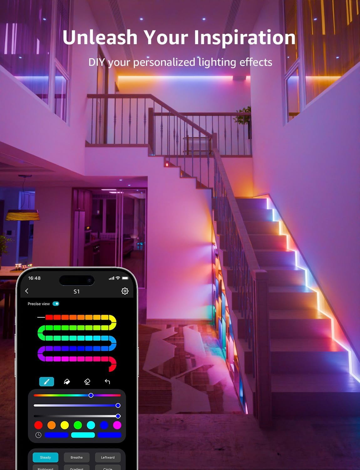 S1 AI LED Strip Lights for Bedroom - 50ft Smart RGB Light Strips with  and Rainbow Chasing Effects, Color Segment , Personalized Al Lighting Designer, No Remote, 2.4G Wi-Fi &amp; Bluetooth