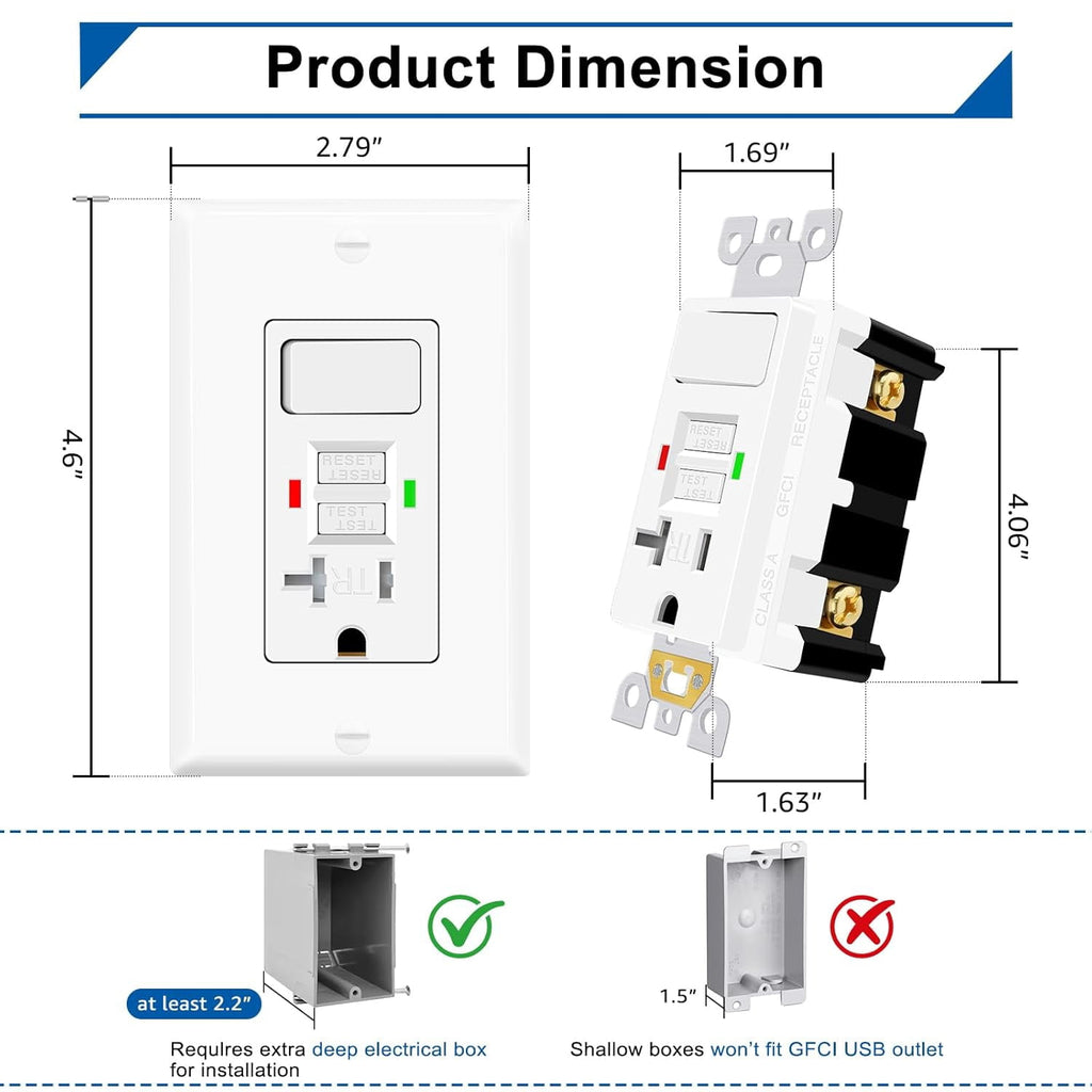 20 Amp GFCI Outlet, Self-Test Ground Fault Protector with LED Indicator, Tamper Resistant GFI Electrical Receptacle, ETL Certified, Wallplate Included (2 Pack, White)