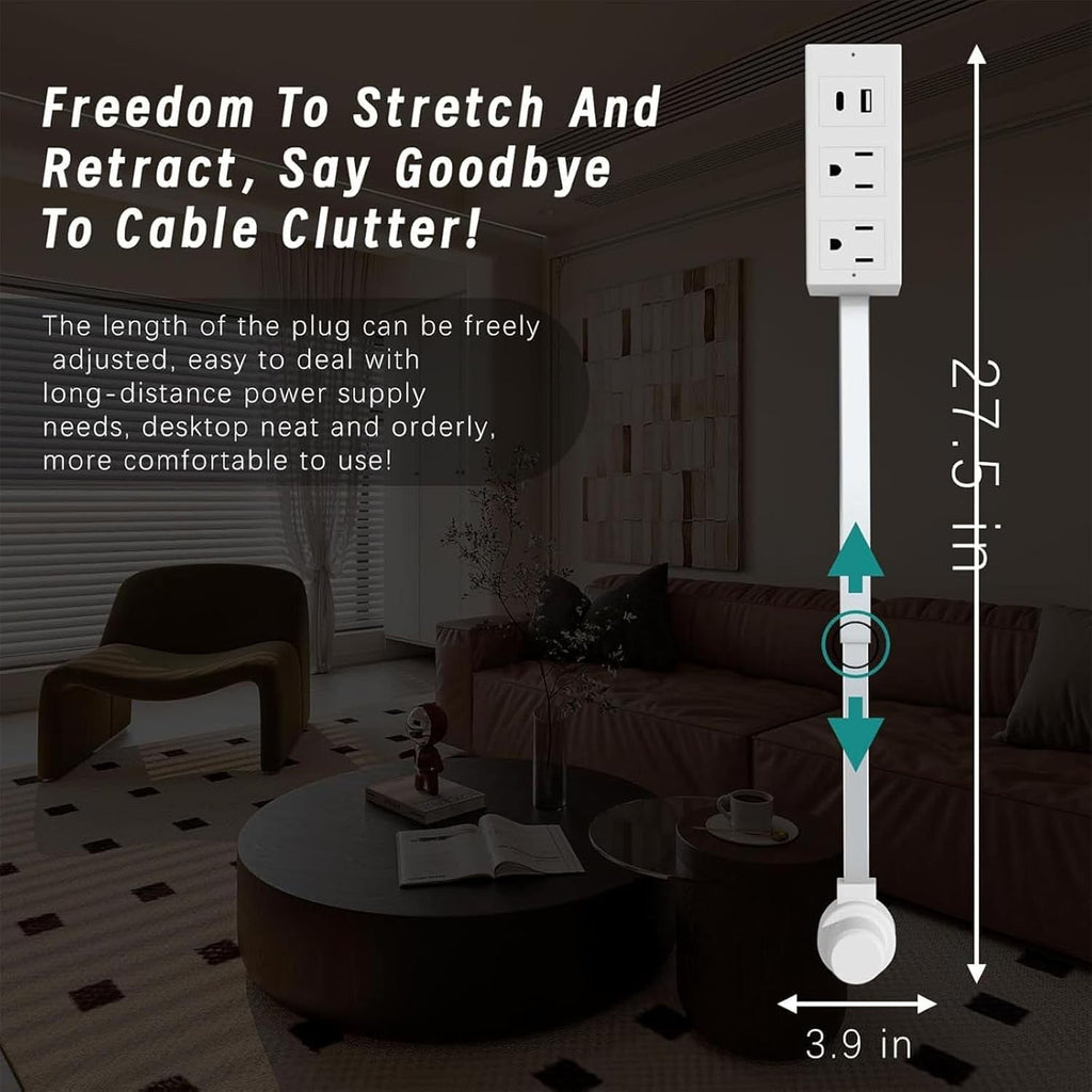 Power Socket Extender, Extendable Wall Socket, 180° Swivelling Socket Extender For Connecting Hard-To-Reach Sockets! Supplied With Usb-A, Usb-C And 2 Ac Sockets, Extendable 27' For Behind Sofa, Be