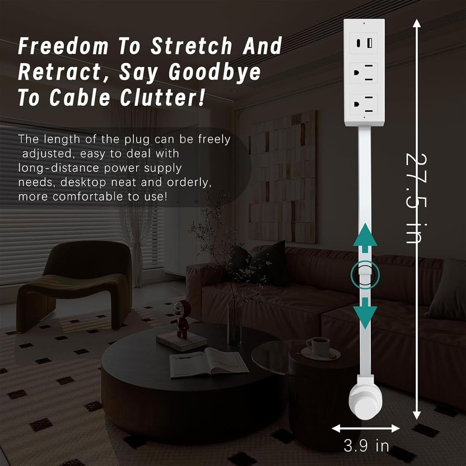 Power Socket Extender, Extendable Wall Socket, 180° Swivelling Socket Extender For Connecting Hard-To-Reach Sockets! Supplied With Usb-A, Usb-C And 2 Ac Sockets, Extendable 27' For Behind Sofa, Be