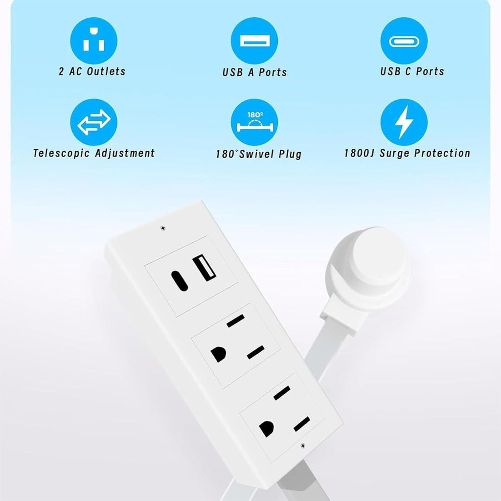 Power Socket Extender, Extendable Wall Socket, 180° Swivelling Socket Extender For Connecting Hard-To-Reach Sockets! Supplied With Usb-A, Usb-C And 2 Ac Sockets, Extendable 27' For Behind Sofa, Be