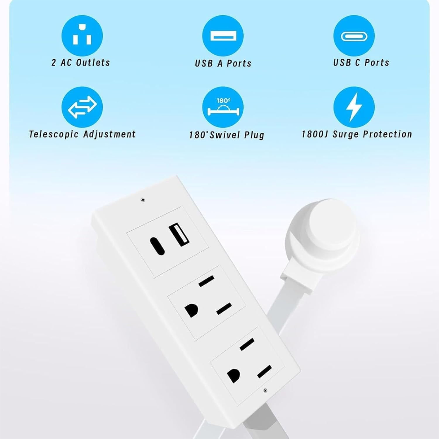 Power Socket Extender, Extendable Wall Socket, 180° Swivelling Socket Extender For Connecting Hard-To-Reach Sockets! Supplied With Usb-A, Usb-C And 2 Ac Sockets, Extendable 27' For Behind Sofa, Be