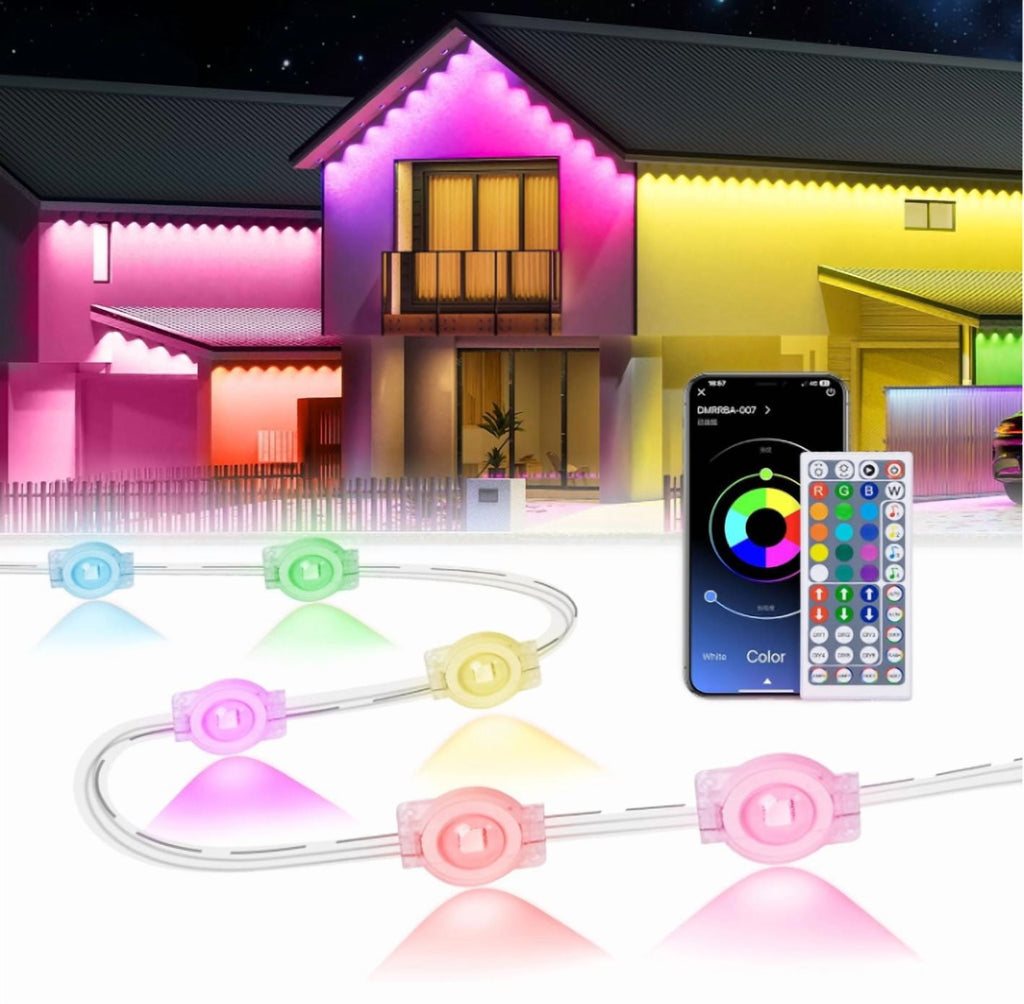 100ft Permanent Outdoor RGB Lights - IP67 Waterproof with Smart App Control Remote, DIY Scene Modes, Music Sync, for Garden Decor, Holiday Parties, Eave Lights for Roofs