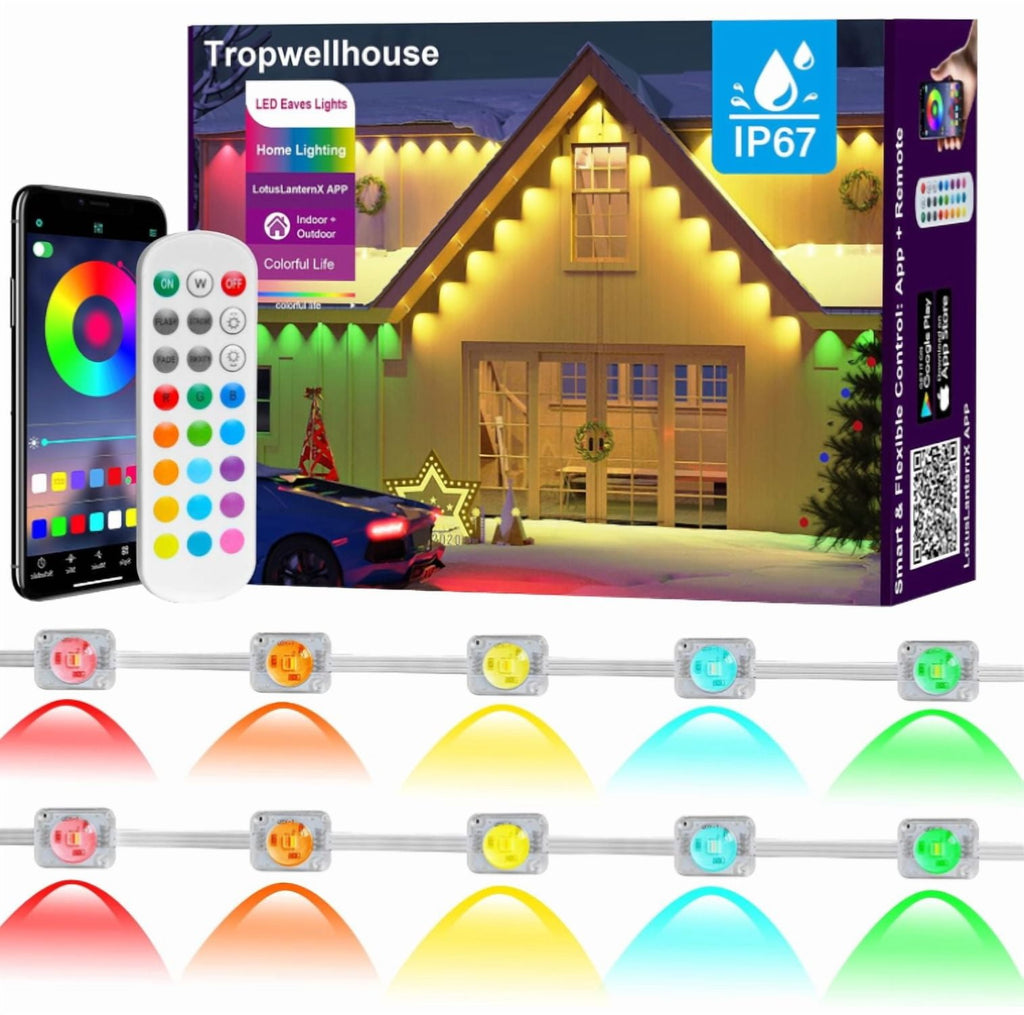 100ft Permanent Outdoor RGB Lights - IP67 Waterproof with Smart App Control Remote, DIY Scene Modes, Music Sync, for Garden Decor, Holiday Parties, Eave Lights for Roofs