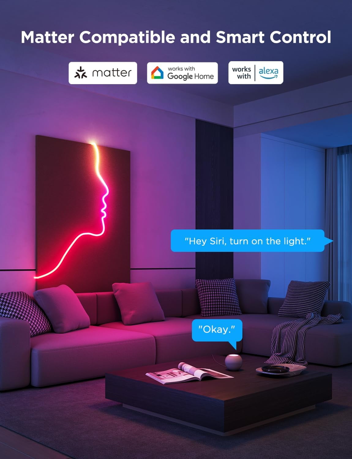 RGBIC Neon Lights, LED Smart Neon Rope Light 2 Works with Matter, Alexa, Google Assistant, Custom  Neon Strip Lights for Bedroom and Wall Decor, Softer Material, 9.8ft, White